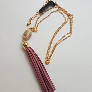 Purple leather tassel and stone focal necklace